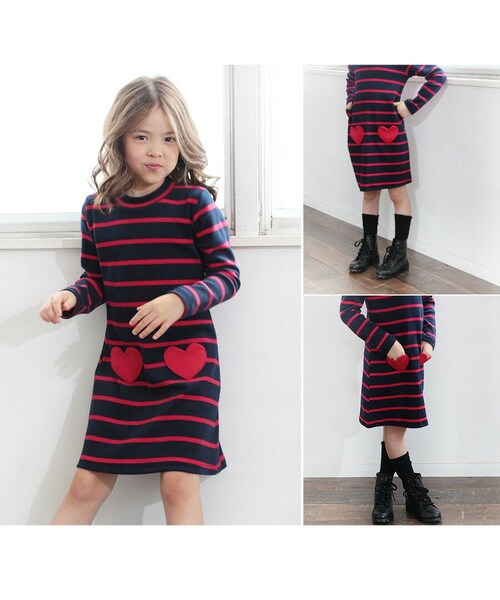 RED×NAVY 130cm キッズ ワンピース 女の子 長袖 通販 キッズワンピース 10001714 長袖ワンピース 冬 秋冬 ボーダー ハート ポケット付き しましま 綿 コットン ナチュラル _6