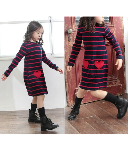 RED×NAVY 130cm キッズ ワンピース 女の子 長袖 通販 キッズワンピース 10001714 長袖ワンピース 冬 秋冬 ボーダー ハート ポケット付き しましま 綿 コットン ナチュラル _7
