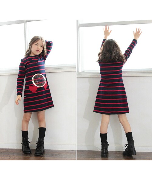 RED×NAVY 130cm キッズ ワンピース 女の子 長袖 通販 キッズワンピース 10001714 長袖ワンピース 冬 秋冬 ボーダー ハート ポケット付き しましま 綿 コットン ナチュラル _8