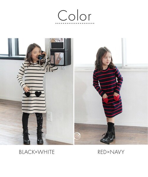 RED×NAVY 130cm キッズ ワンピース 女の子 長袖 通販 キッズワンピース 10001714 長袖ワンピース 冬 秋冬 ボーダー ハート ポケット付き しましま 綿 コットン ナチュラル _11