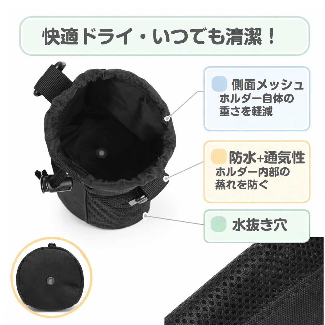 水筒カバー ブラック ボトルホルダー 防水 大容量 1.5L 1.5リットル