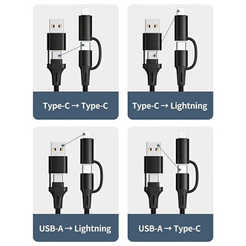 ブラック 4in1 USB 充電ケーブル 通販 通信ケーブル タイプcケーブル ライトニングケーブル USBケーブル マルチ充電ケーブル データ転送用ケーブル 急速充電 スマホ スマートフォン 充電器_3