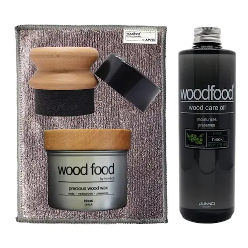 木製品 手入れ セット 通販 日本製 木材 ワックス 木に塗る オイル ヒノキの香り 竹繊維のクロス woodfood ウッドフード ウッドケアワックス ウッドケアオイル 国産 竹製品 家具用 食器 _1