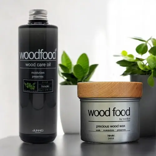 木製品 手入れ セット 通販 日本製 木材 ワックス 木に塗る オイル ヒノキの香り woodfood ウッドフード ウッドケアワックス ウッドケアオイル ヒノキケアセット 国産 竹製品 家具用 食器_1