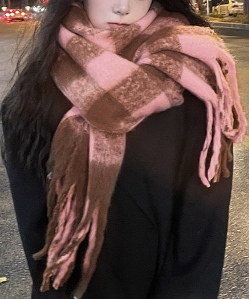 マフラー レディース 大きめ 柔らかい 通販 大判ストール ストール 大判 チェック柄 チェックマフラー フリンジマフラー えりまき 襟巻き 衿巻き ボリューム ふわふわ 女性 女子 高校生 女子高生_1