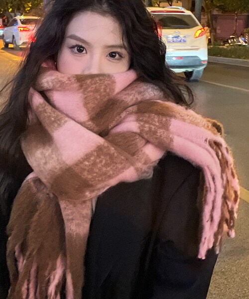 マフラー レディース 大きめ 柔らかい 通販 大判ストール ストール 大判 チェック柄 チェックマフラー フリンジマフラー えりまき 襟巻き 衿巻き ボリューム ふわふわ 女性 女子 高校生 女子高生_2