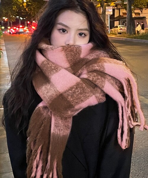 マフラー レディース 大きめ 柔らかい 通販 大判ストール ストール 大判 チェック柄 チェックマフラー フリンジマフラー えりまき 襟巻き 衿巻き ボリューム ふわふわ 女性 女子 高校生 女子高生_4