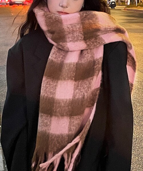 マフラー レディース 大きめ 柔らかい 通販 大判ストール ストール 大判 チェック柄 チェックマフラー フリンジマフラー えりまき 襟巻き 衿巻き ボリューム ふわふわ 女性 女子 高校生 女子高生_5