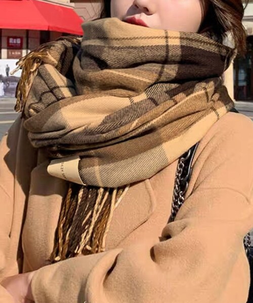 マフラー レディース 大きめ 柔らかい 通販 大判ストール ストール 大判 チェック柄 チェックマフラー フリンジマフラー えりまき 襟巻き 衿巻き ボリューム ふわふわ 女性 女子 高校生 女子高生_3