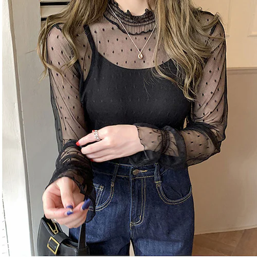 シアートップス 長袖 通販 シアー カットソー シアーブラウス チュールブラウス チュール インナー 透け シースルー フリルネック トップス 大人 かわいい おしゃれ 可愛い 女性 top-029 _2