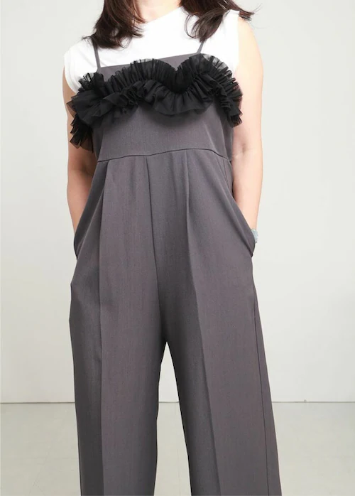 オールインワン パンツ レディース 通販 サロペット つなぎ ロングパンツ 長ズボン 長ずぼん きれいめ 大人 女性 ボトムス ずぼん ズボン 重ね着 チュール かわいい 可愛い おしゃれ オシャレ _1