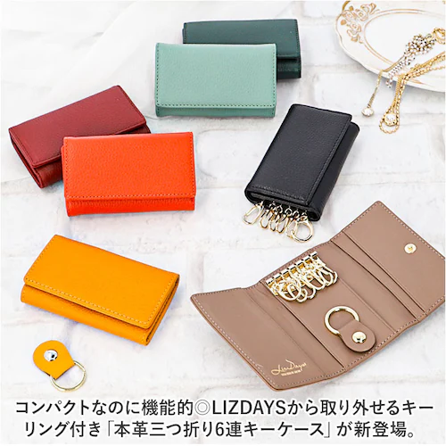 LIZDAYS リズデイズ キーケース lz-613 通販 鍵ケース レディース メンズ 革 キーフック 6連 三つ折り キーリング カード入れ 本革 レザー小物 カー用品 おしゃれ シンプル 無地 _1