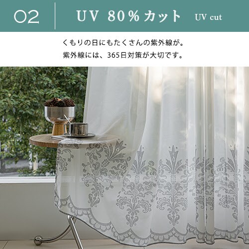 【送料無料】遮熱 遮像 保温UVカットミラー下部エバオーナメント柄高機能レースカーテン 100X133cm2枚組 グレー_3