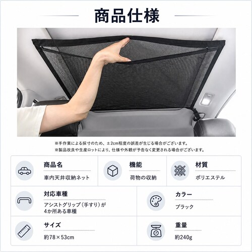ルーフネット 車 天井 収納 ネット 車内 荷物 ポケット ファスナー付き カーゴネット 収納袋 車用 汎用 ミニバン SUV 車中泊 旅行 キャンプ アウトドア 便利_2