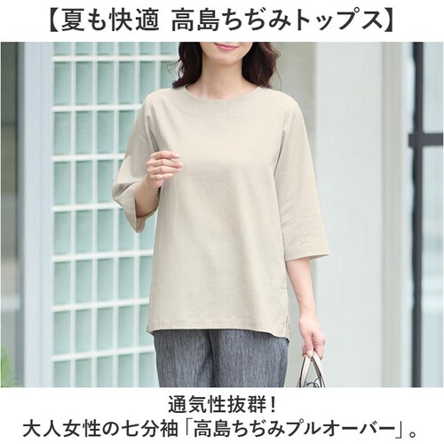 グレージュ LL-3Lサイズ 高島ちぢみ レディース 通販 日本製 Tシャツ 7分袖 カットソー 七分袖 トップス 無地 ゆったり 春夏 春秋 高島縮 女性 婦人服 ミセス シニア 40代 50代 ク_1