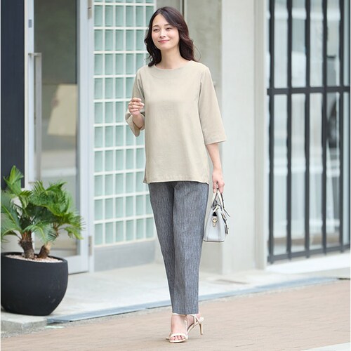 グレージュ LL-3Lサイズ 高島ちぢみ レディース 通販 日本製 Tシャツ 7分袖 カットソー 七分袖 トップス 無地 ゆったり 春夏 春秋 高島縮 女性 婦人服 ミセス シニア 40代 50代 ク_8