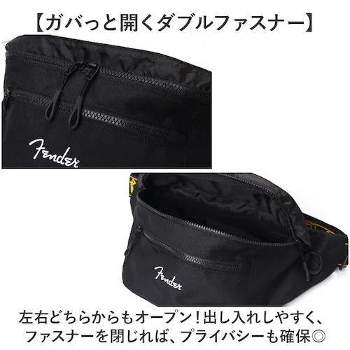 ブラック Fender フェンダー ボディバッグ ボディーバッグ 6051 通販 ウエストバッグ ボディバック ボディーバック 斜めがけ ななめがけ 大きめ 大容量 軽量 軽い 横型 横 ダブルファス_6