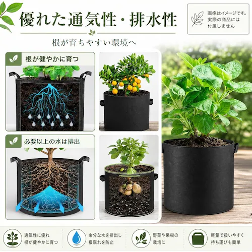 不織布ポット 15ガロン(直径50×高さ30cm) 1個 不織布プランター 植木鉢 布鉢 軽量 通気性 持ち手付き 家庭菜園 野菜 花 ハーブ ベランダ ガーデニング 園芸 黒_7
