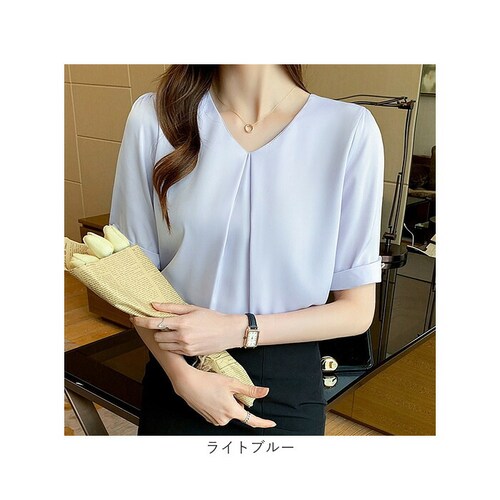 ライトブルー S ブラウス レディース 半袖 通販 襟なしブラウス 袖折り返し Vネック 春夏 春 夏 おしゃれ シンプル 無地 通勤 仕事 女性 大人 フォーマル オフィス きれいめ オフィスカジュ_13