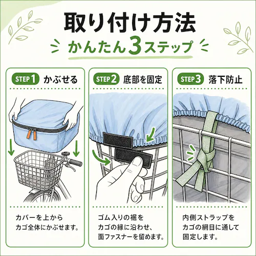 自転車カゴカバー ブルー Mサイズ 2段階拡張 大容量 撥水 防塵 前カゴカバー ダブルファスナー 固定ストラップ付き 雨対策_2