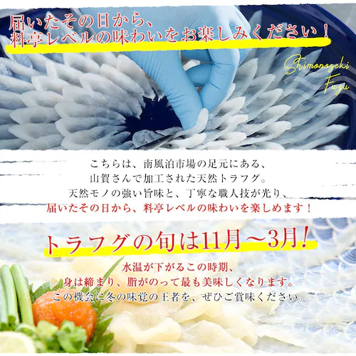 山口県下関市から直送 山賀 天然トラフグ刺身セット(刺身50g、皮刺し30g、ポン酢、もみじおろし)送料無料 河豚 ふぐ とらふぐ てっさ ※クール冷凍便【ご注文後3日から18日以内に発送します】_3
