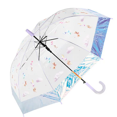 フラッフィー/サックス キッズ長傘女の子 通販 こども用ジャンプ傘 ビニール傘55cm ワンタッチ長傘 小学生通学雨傘 ラメ入り丸型手元 ポップグミビニール オーロラ裾デザイン ガールズ雨具 可愛い子_8