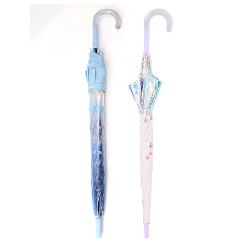 フラッフィー/サックス キッズ長傘女の子 通販 こども用ジャンプ傘 ビニール傘55cm ワンタッチ長傘 小学生通学雨傘 ラメ入り丸型手元 ポップグミビニール オーロラ裾デザイン ガールズ雨具 可愛い子_9