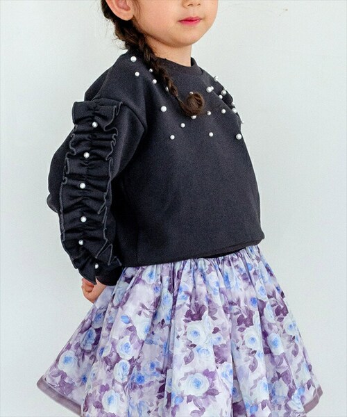 チャコールグレー 110cm 子供服 女の子 トレーナー 通販 Rora フリリーナ プルオーバー スウェット 長袖 フリル パール ビーズ かわいい おしゃれ 可愛い オシャレ カジュアル 通学 通_3