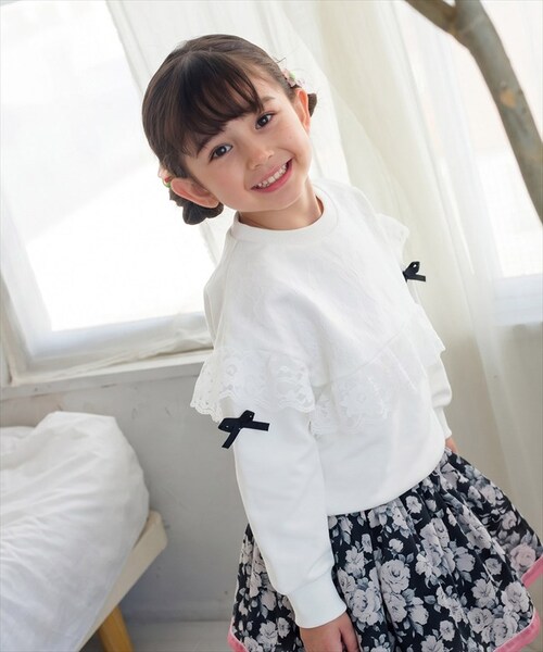 ホワイト 120cm 子供服 女の子 トレーナー 通販 Rora シビロ プルオーバー スウェット 長袖 フリル レース リボン かわいい おしゃれ 可愛い オシャレ カジュアル 通学 通園 普段着 _2