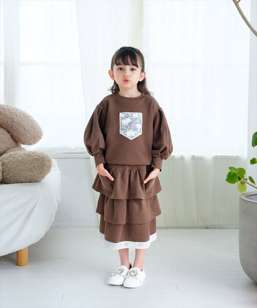 マロンブラウン 130cm Rora 子供服 通販 キッズセットアップ 長袖 トレーナー女の子 ガールズおしゃれ上品 通学通園小学生 秋服冬服春服 かわいい トップス カジュアル 保育園 スカート 幼_1