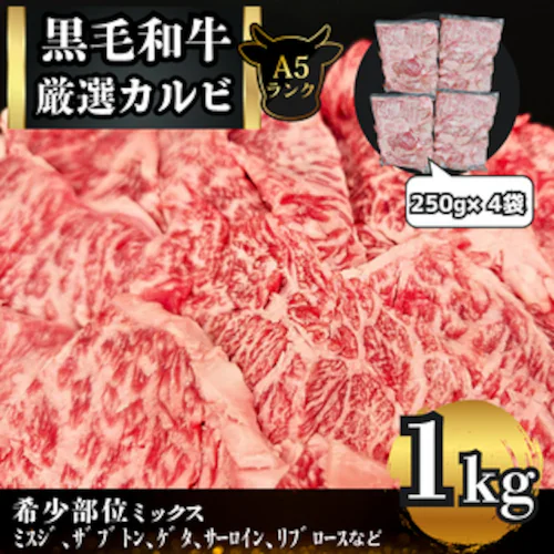 A5等級【黒毛和牛】厳選カルビ 〈1kg(250g×4p)〉 A5 焼肉 カルビ 黒毛 和牛 黒毛和牛 セット 希少部位 個包装【代引き不可】_0