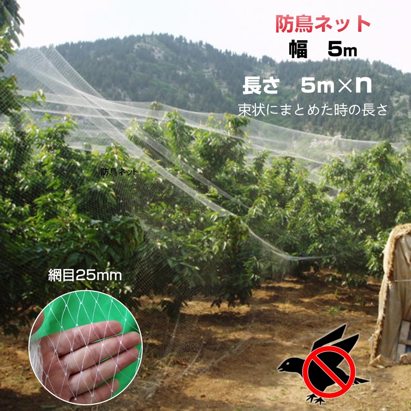 防鳥ネット 防鳥網 透明 幅5m 長さ5m 網目25mm 強力 ナイロン 鳥よけネット カラスよけ 害獣 防獣 田んぼ 畑 農園 果樹園 庭 ベランダ 果物 野菜 盗難被害防止