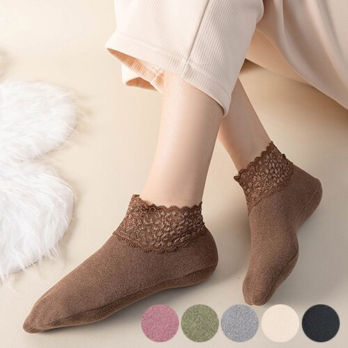 【5足セット】すべり止め付き あったかレースソックス レディース 裏起毛 冬用 あったか靴下 フットカバー 防寒 裏起毛 モコモコ 室内履き 冷え対策 かわいいレース付き 靴下 くるぶし丈 滑りにくい_0