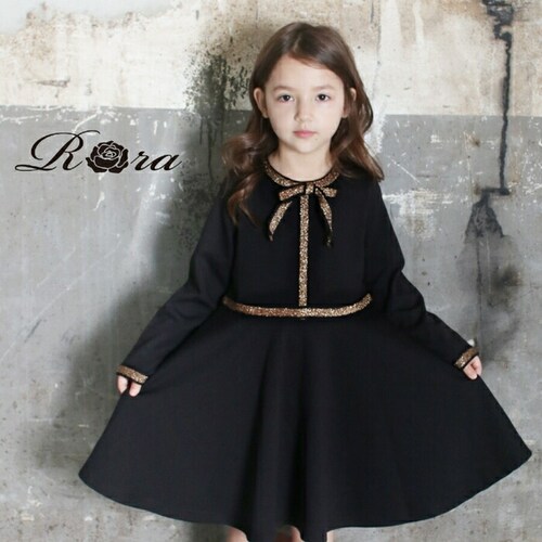 ワンピース キッズ 長袖 通販 ドレスワンピース 12062002 子供 ドレス 女の子 結婚式 パーティ 発表会 七五三 卒園式 入園式 入学式 リボン ゴールド 黒 ブラック かわいい オシャレ _0