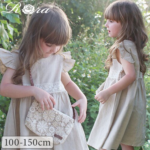 ナチュラル 120cm Rora ワンピース キッズ 通販 ローラ リネンワンピース ノエル 半袖 フリル レース 無地 コットンリネン 綿麻 夏服 夏 カジュアル ナチュラル かわいい おしゃれ 女_0
