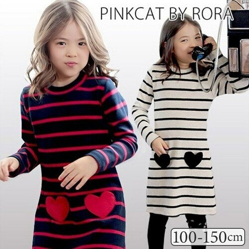 RED×NAVY 130cm キッズ ワンピース 女の子 長袖 通販 キッズワンピース 10001714 長袖ワンピース 冬 秋冬 ボーダー ハート ポケット付き しましま 綿 コットン ナチュラル _0
