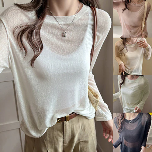 レディース 少し透け感のあるゆったり薄手長袖Tシャツ シアー長袖Tシャツ 薄手 ゆったり 透け感 クルーネック シンプル カットソー 春夏 レイヤードトップス ゆったりトップス レディースカットソー _0