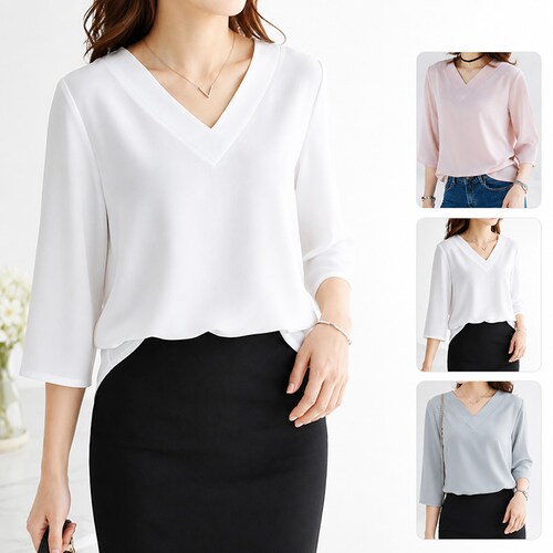 七分袖Vネックシフォンプルオーバー レディースブラウス Vネックブラウス 七分袖ブラウス シフォントップス レディーストップス フェミニンブラウス オフィスカジュアル きれいめブラウス ピンク L_0