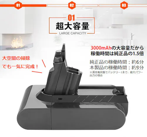 ダイソン バッテリー 互換 3000mAh dyson V6 SV07 SV09 DC58 DC59 DC72互換 21.6V 3.0Ah 認証済み 壁掛けブラケット対応 掃除機パーツ 交換用充電電池_3