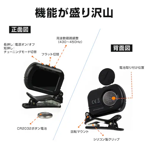 クリップチューナー ギターチューナー クリップ式 楽器 バイオリン チューニング アコギ ベース ウクレレ 弦楽器 調律 振動センサー LCDディスプレイ表示 軽量_5