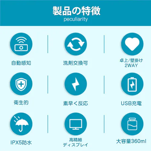 ソープディスペンサー ブラック 泡タイプ 自動 泡 液体 2種選べる 充電式 IPX5 大容量360ml 吐出4段階 ハンドソープ 洗剤 手洗い 洗面所 キッチン 玄関 オフィス 卓上 壁付け 2WA_1