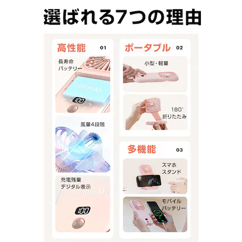 ハンディファン 白 携帯扇風機 首かけ扇風機 卓上扇風機 折りたたみ ミニ 軽量 静音 強風 スマホスタンド モバイルバッテリー 夏 旅行 アウトドア おしゃれ 可愛い_2