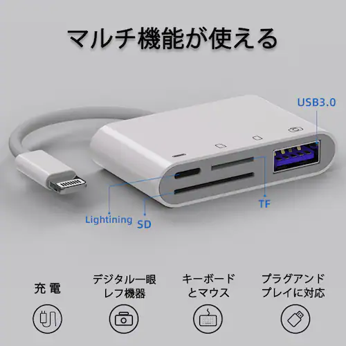 iPhone 4in1変換アダプタ Lightning充電ジャック USB3.0ポート SD/TFカードリーダー iPadライトニング データ転送 バックアップ PDFファイル 保存移動_2