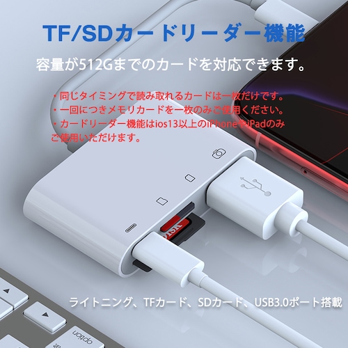 iPhone 4in1変換アダプタ Lightning充電ジャック USB3.0ポート SD/TFカードリーダー iPadライトニング データ転送 バックアップ PDFファイル 保存移動_4