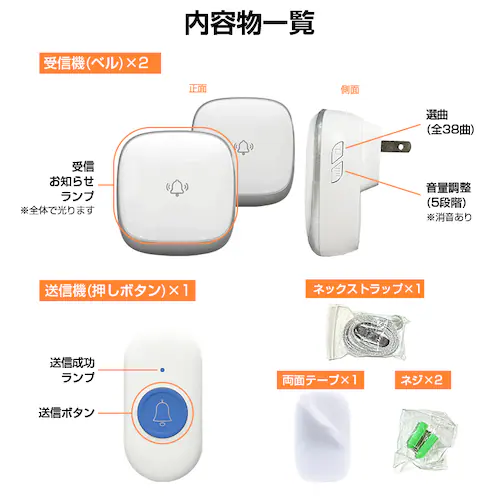ワイヤレスコール ベル2個とボタン1個セット 首掛け 持ち歩き 高齢者 介護 ナースコール 防水 工事不要 大音量 光 呼び出しベル 無線 チャイム 携帯 SOS 見守り_1
