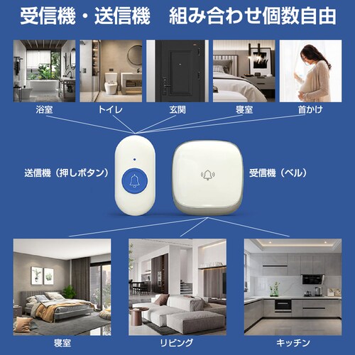 ワイヤレスコール ベル2個とボタン1個セット 首掛け 持ち歩き 高齢者 介護 ナースコール 防水 工事不要 大音量 光 呼び出しベル 無線 チャイム 携帯 SOS 見守り_18