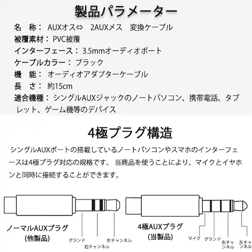 auxケーブル 3.5mmオス⇔ 3.5mmメス×2 赤緑ジャック AUXアダプタ 2股 1股 変換ケーブル 15cm スピーカーかイヤホンとマイク同時使用 楽器 スマホ Mac対応_2