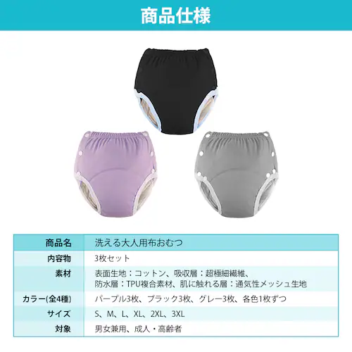 布おむつ 各色1枚ずつ XL 大人用 3枚セット 洗濯可 尿漏れ防止 高齢者 介護 失禁パンツ おむつカバー 快適 コットン 蒸れにくい 繰り返し使える 男女兼用 妊婦 術後 ボタン留め_3