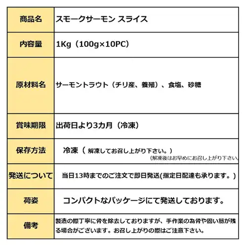 スモークサーモン スライス 訳あり CB 1kg(100g×10PC) サーモン スモーク 燻製 不揃い サラダ オードブル サラダ おつまみ 手軽 魚介 カット済 カルパッチョ_8