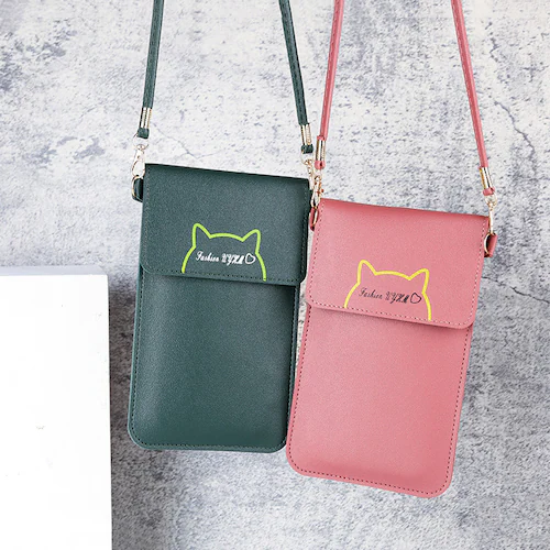 タッチ操作対応!ネコデザインスマホショルダー グリーン_3